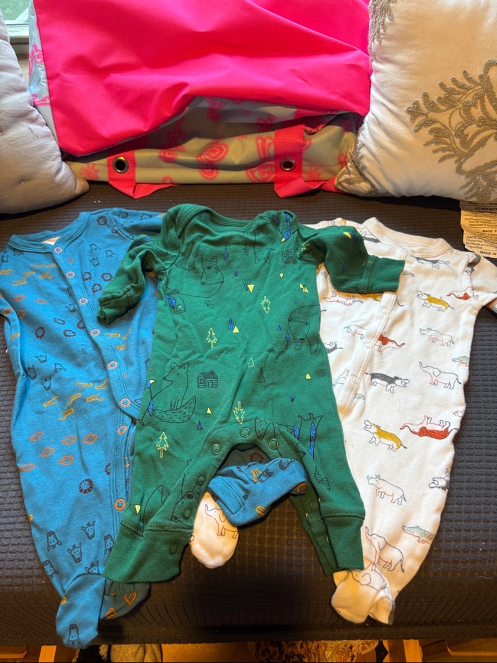 Carter's Green Romper & Blue and White Baby Footed One-Piece Set